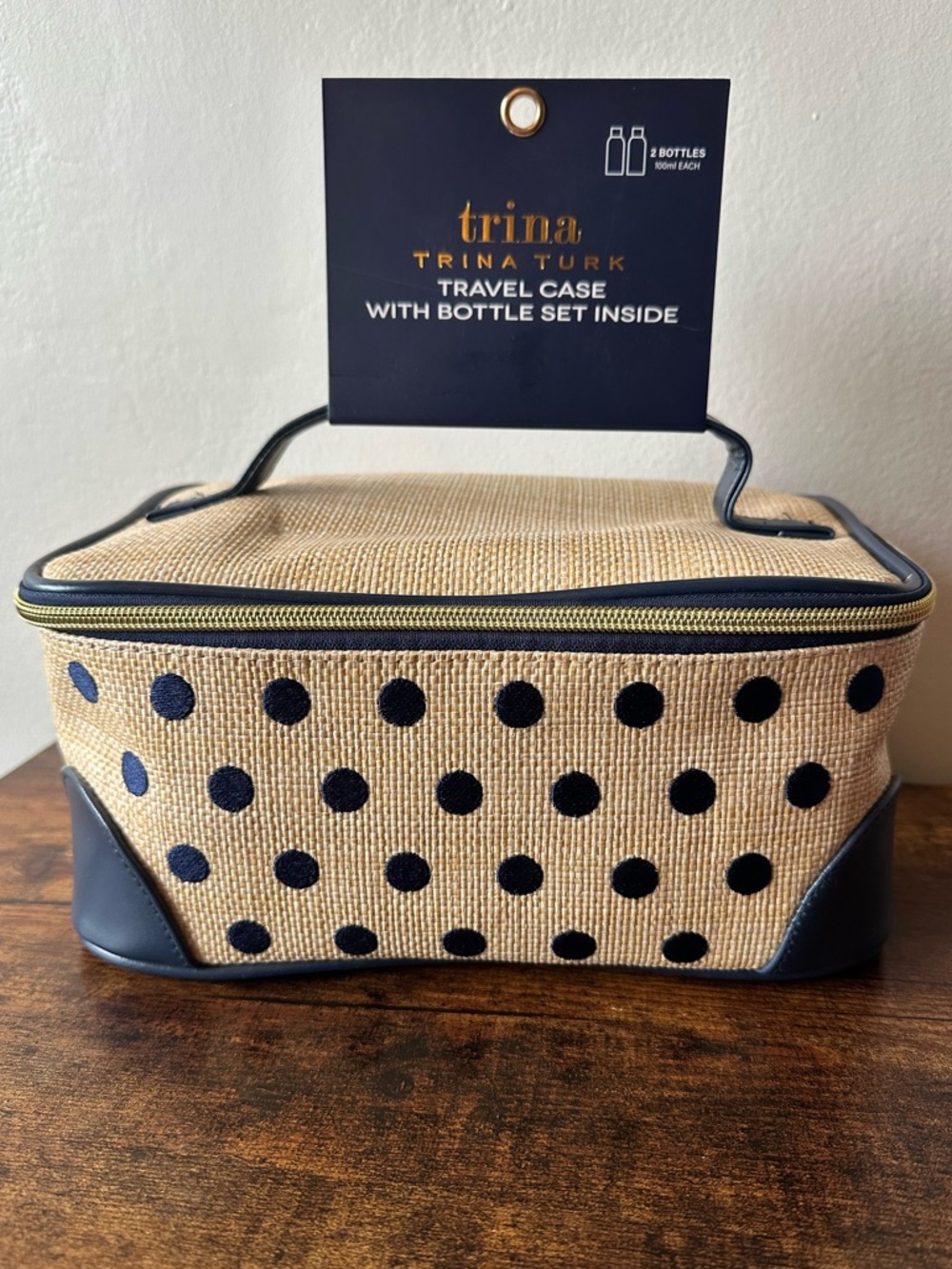 Trina Turk Navy Polka Dot Woven Travel Toiletry Case Faux Leather Corners NWT